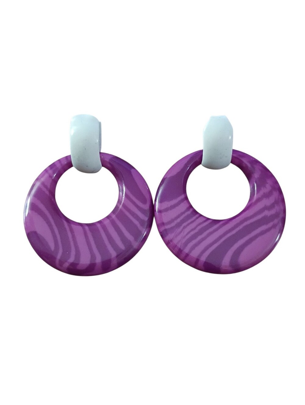 Fashion Jewelry Purple Zebra Hoop Drop Earrings - White Accent